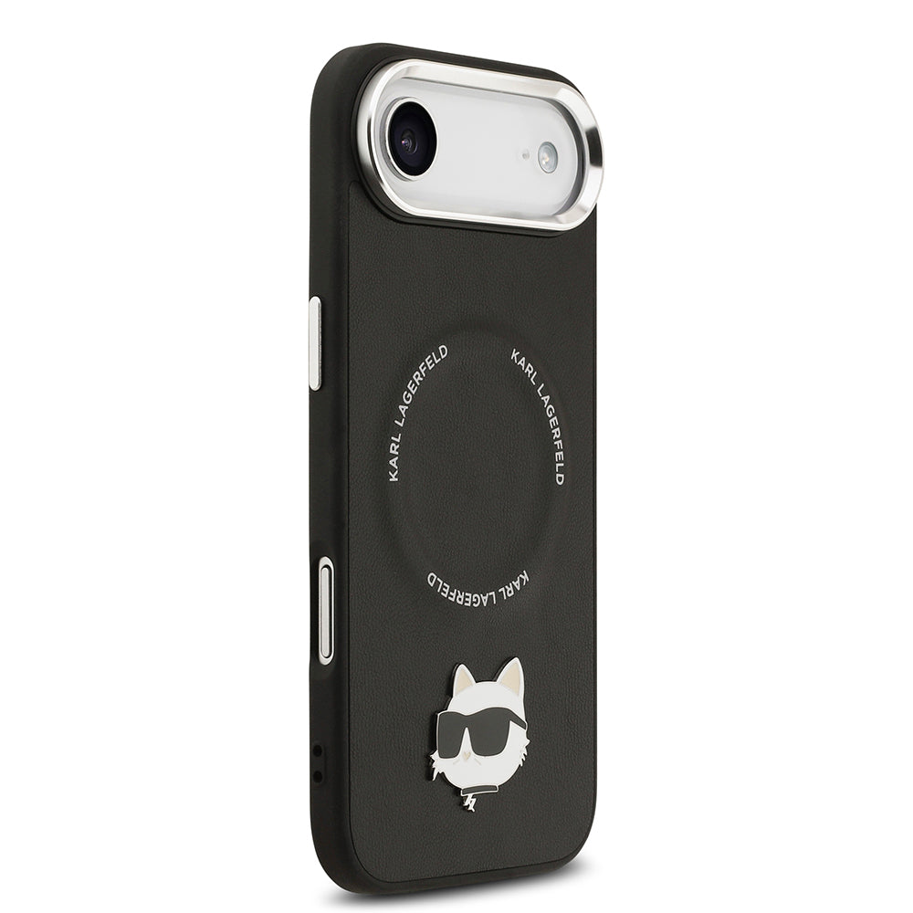 Apple iPhone 17 Air Kılıf Karl Lagerfeld Orjinal Lisanslı M-safe Şarj Özellikli Metal Kamera ve Buton Tasarımlı Choupette PU Deri Kapak Siyah