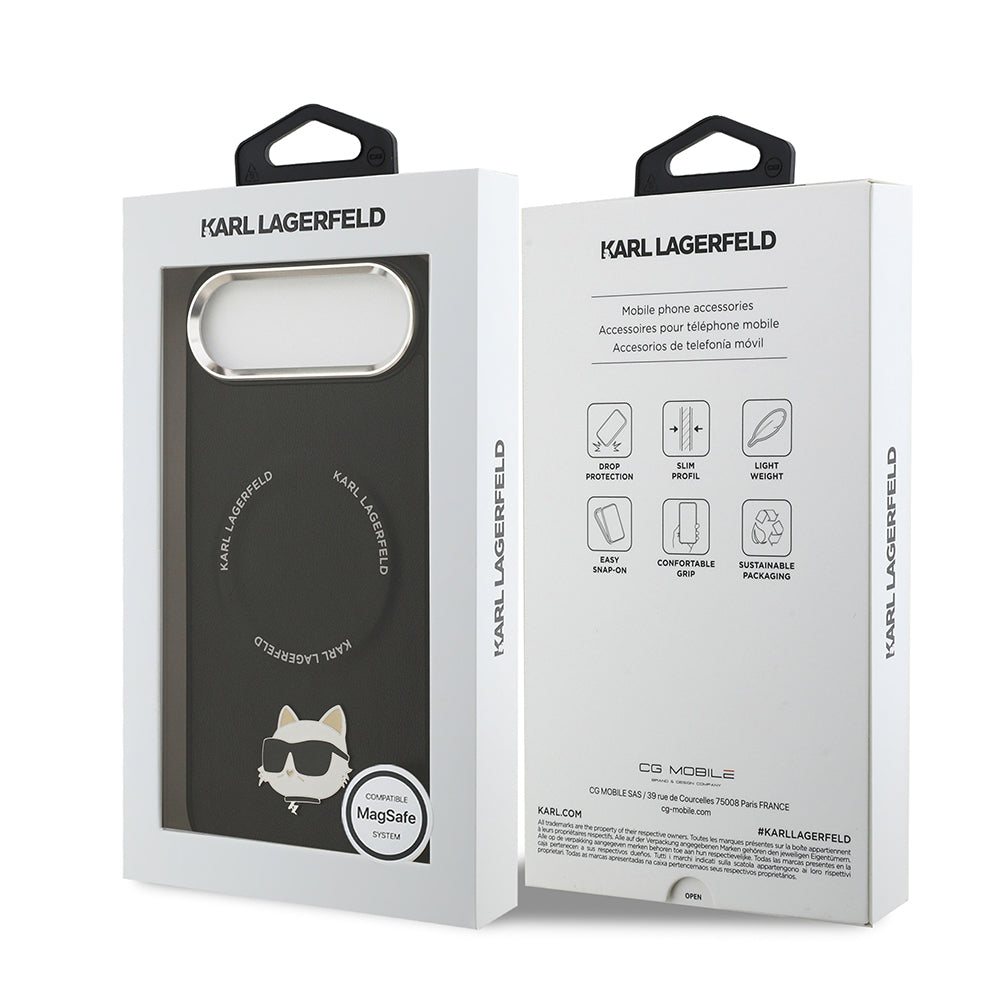 Apple iPhone 17 Air Kılıf Karl Lagerfeld Orjinal Lisanslı M-safe Şarj Özellikli Metal Kamera ve Buton Tasarımlı Choupette PU Deri Kapak Siyah