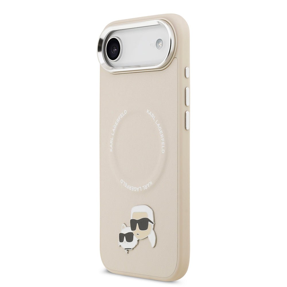 Apple iPhone 17 Air Kılıf Karl Lagerfeld Orjinal Lisanslı M-safe Şarj Özellikli Metal Kamera ve Buton Tasarımlı K&C PU Deri Kapak Bej