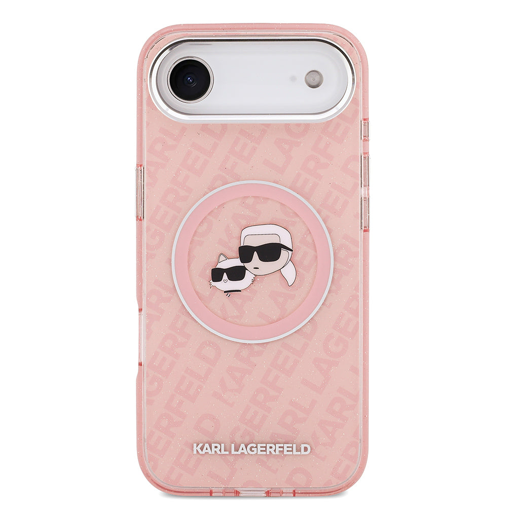 Apple iPhone 17 Air Kılıf Karl Lagerfeld Orjinal Lisanslı Parlayan Simli Karl & Choupette Heads Kapak Pembe