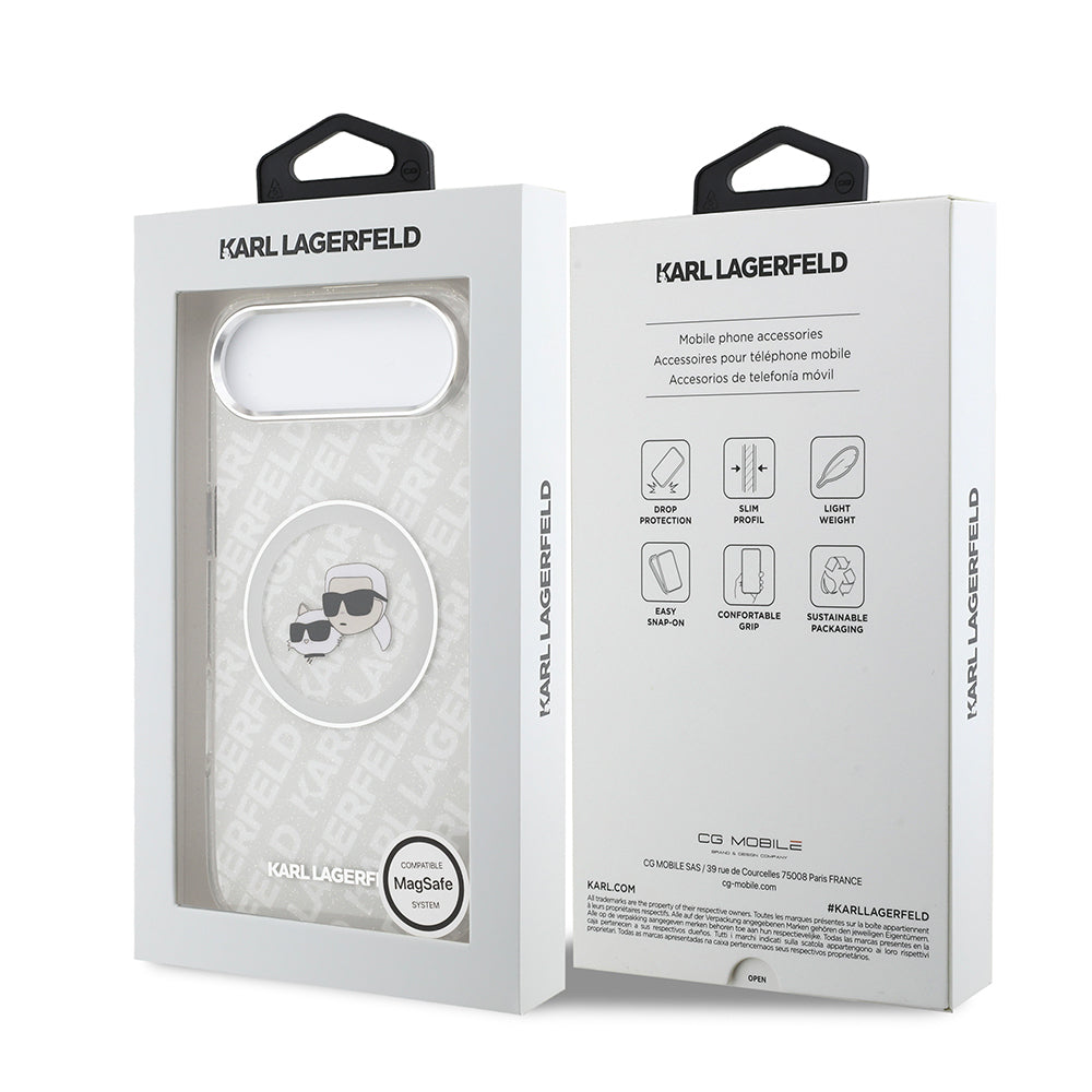 Apple iPhone 17 Air Kılıf Karl Lagerfeld Orjinal Lisanslı Parlayan Simli Karl & Choupette Heads Kapak Gri