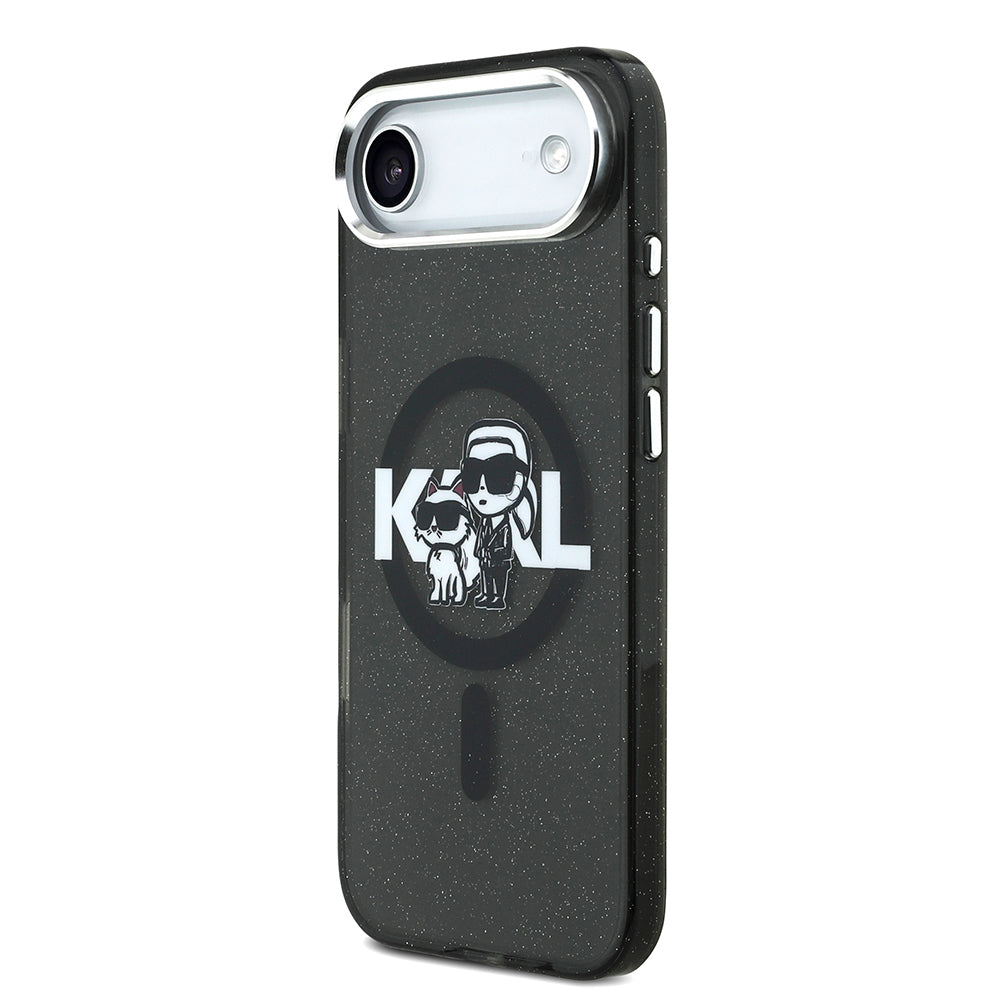 Apple iPhone 17 Air Kılıf Karl Lagerfeld Orjinal Lisanslı Parlayan Simli Karl & Choupette Sketch Logo Kapak Siyah