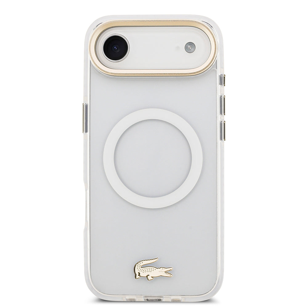 Apple iPhone 17 Air Kılıf Lacoste Orjinal Lisanslı M-safe Şarj Özellikli Gold Timsah Logolu Buzlu Kapak Beyaz