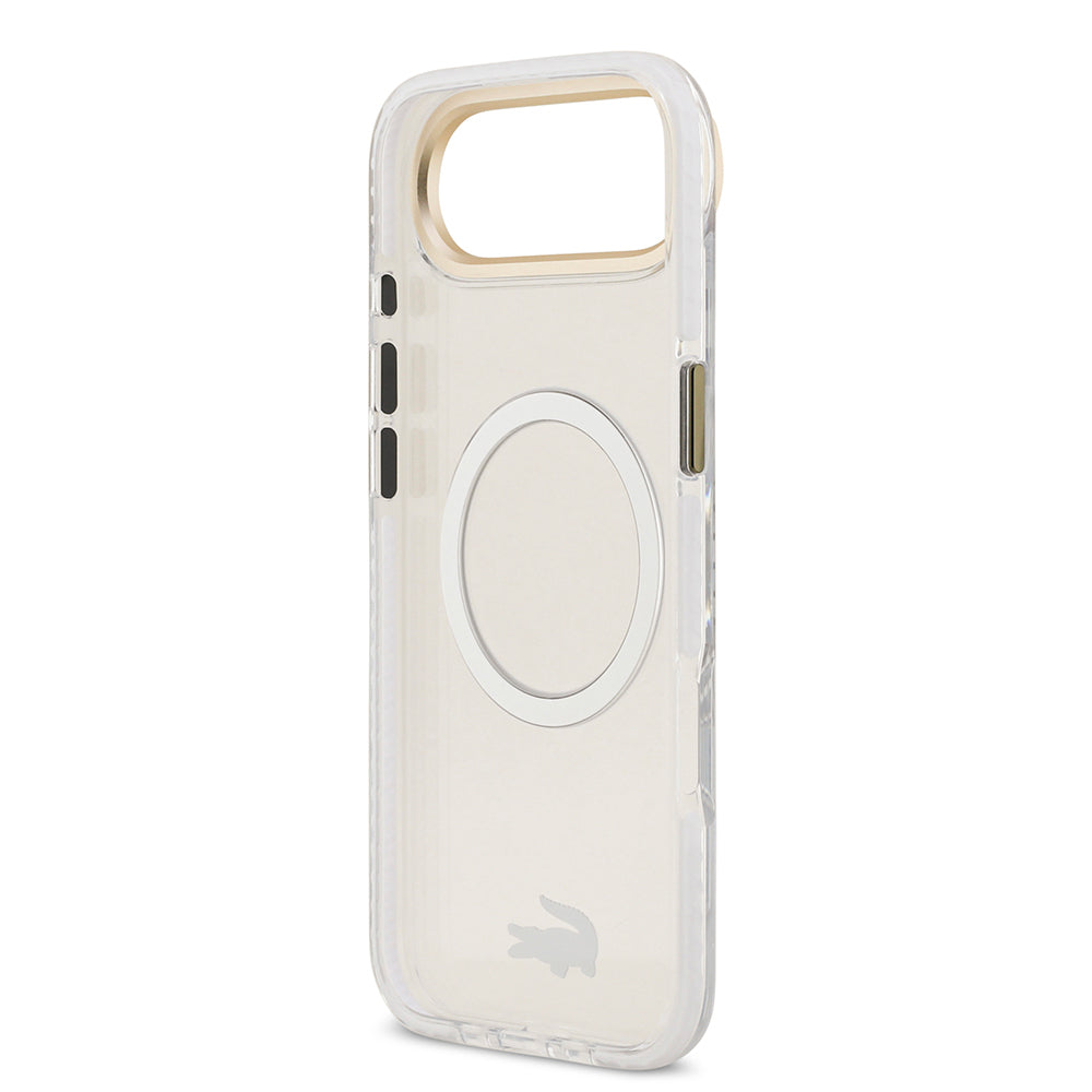 Apple iPhone 17 Air Kılıf Lacoste Orjinal Lisanslı M-safe Şarj Özellikli Gold Timsah Logolu Buzlu Kapak Beyaz