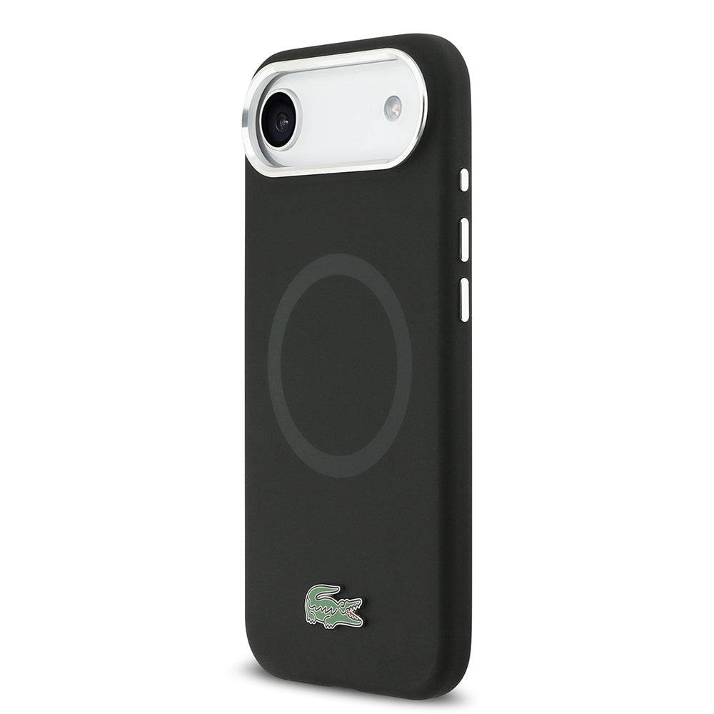 Apple iPhone 17 Air Kılıf Lacoste Orjinal Lisanslı M-safe Şarj Özellikli İkonik Logolu Metal Kamera Çerçeveli Silikon Kapak Siyah