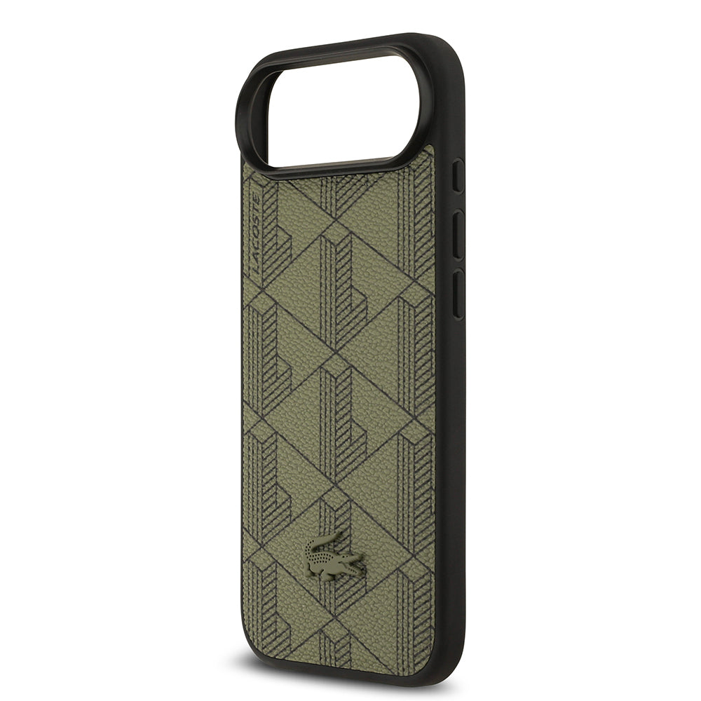 Apple iPhone 17 Air Kılıf Lacoste Orjinal Lisanslı M-safe Şarj Özellikli PU Deri Tasarımlı Kartlıklı Karışık Monogram Desenli Kapak Siyah