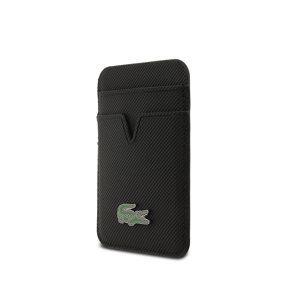 Apple iPhone 17 Air Kılıf Lacoste Orjinal Lisanslı M-safe Şarj Özellikli PU Pike Desenli Metal Logolu Kartlıklı Kapak Siyah