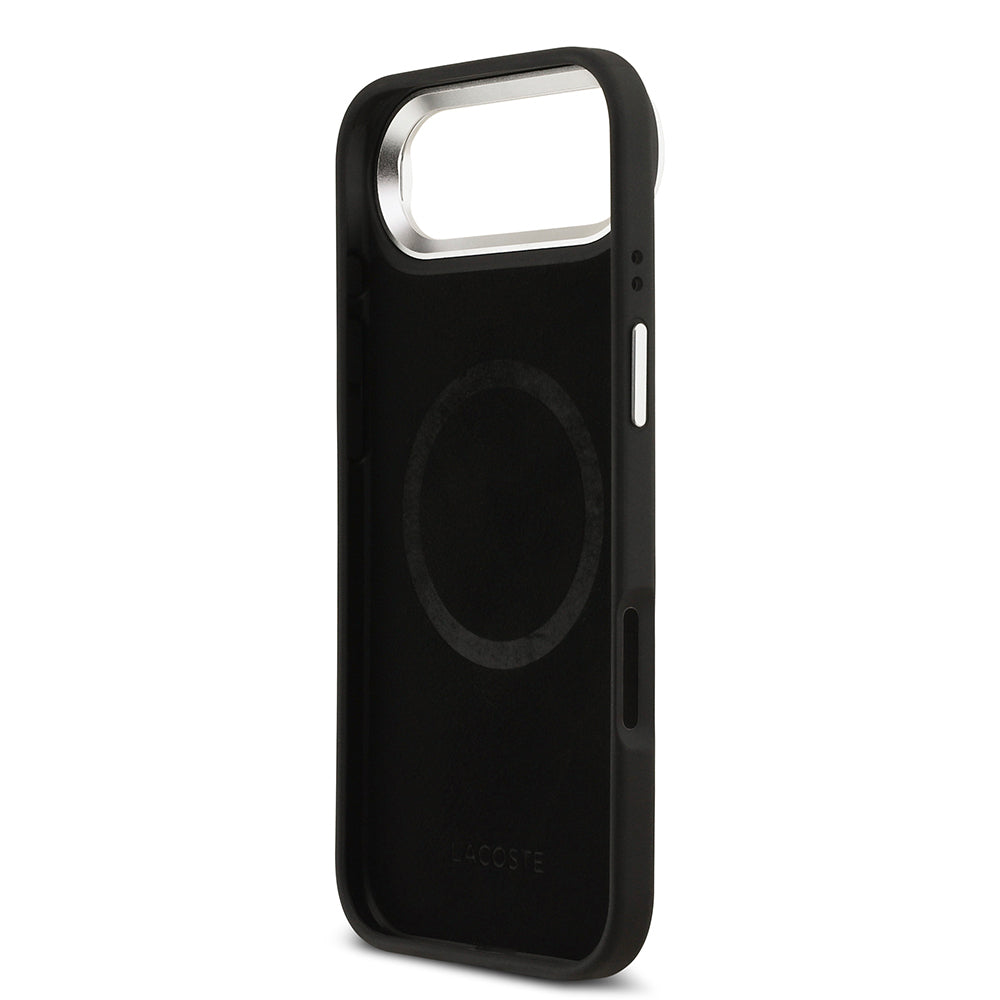 Apple iPhone 17 Air Kılıf Lacoste Orjinal Lisanslı M-safe Şarj Özellikli PU Pike Desenli Standlı Metal Logolu Kapak Siyah