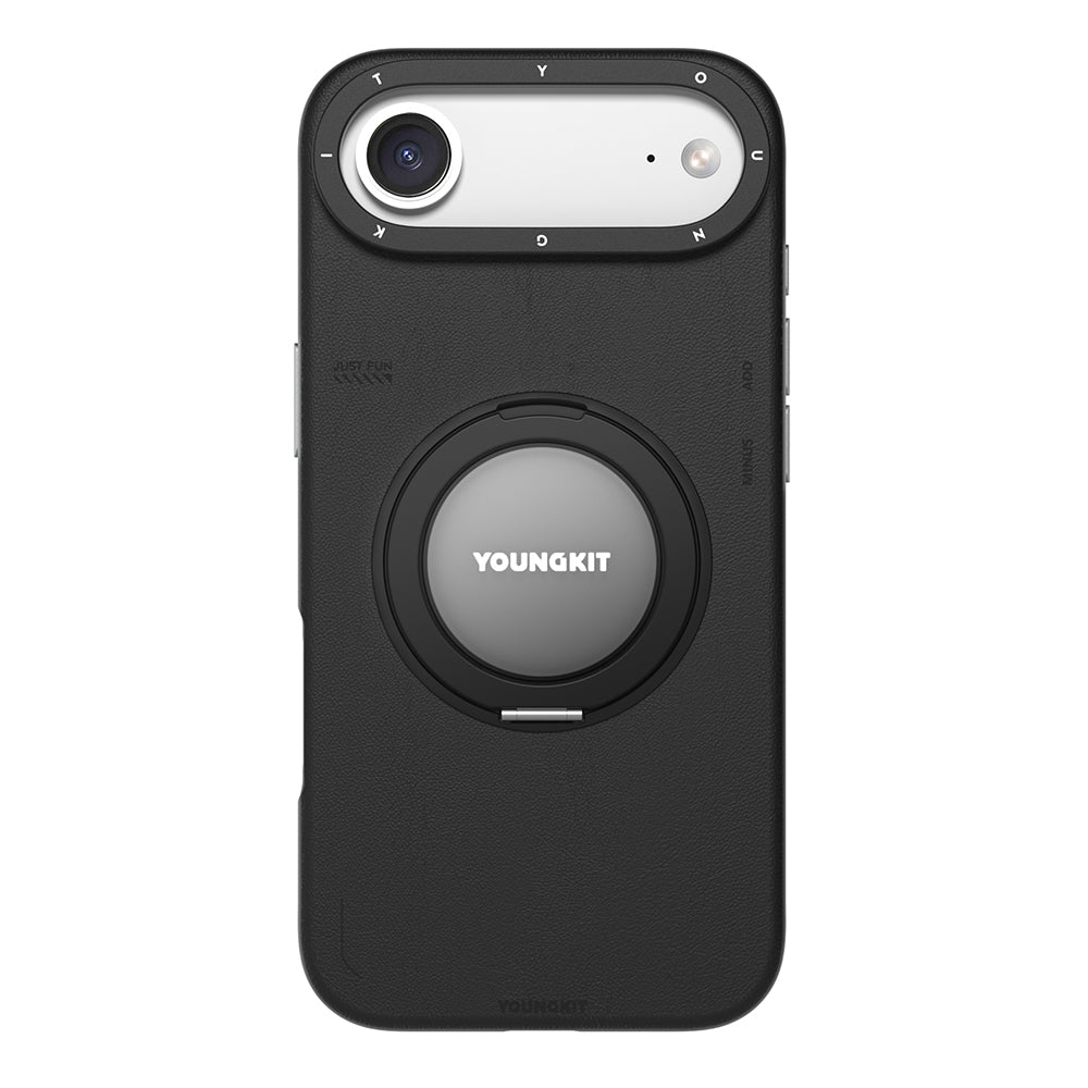 Apple iPhone 17 Air Kılıf M-safe Şarj Özellikli 360 Derece Standlı Basit Mat Deri Desenli Youngkit Tech Leather Serisi Kapak