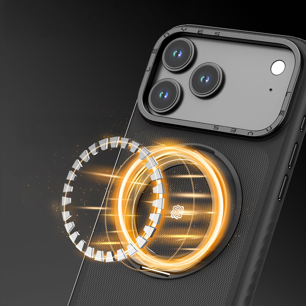 Apple iPhone 17 Air Kılıf M-safe Şarj Özellikli Metal Standlı Lenyes CK225 Kevlar Kapak Siyah