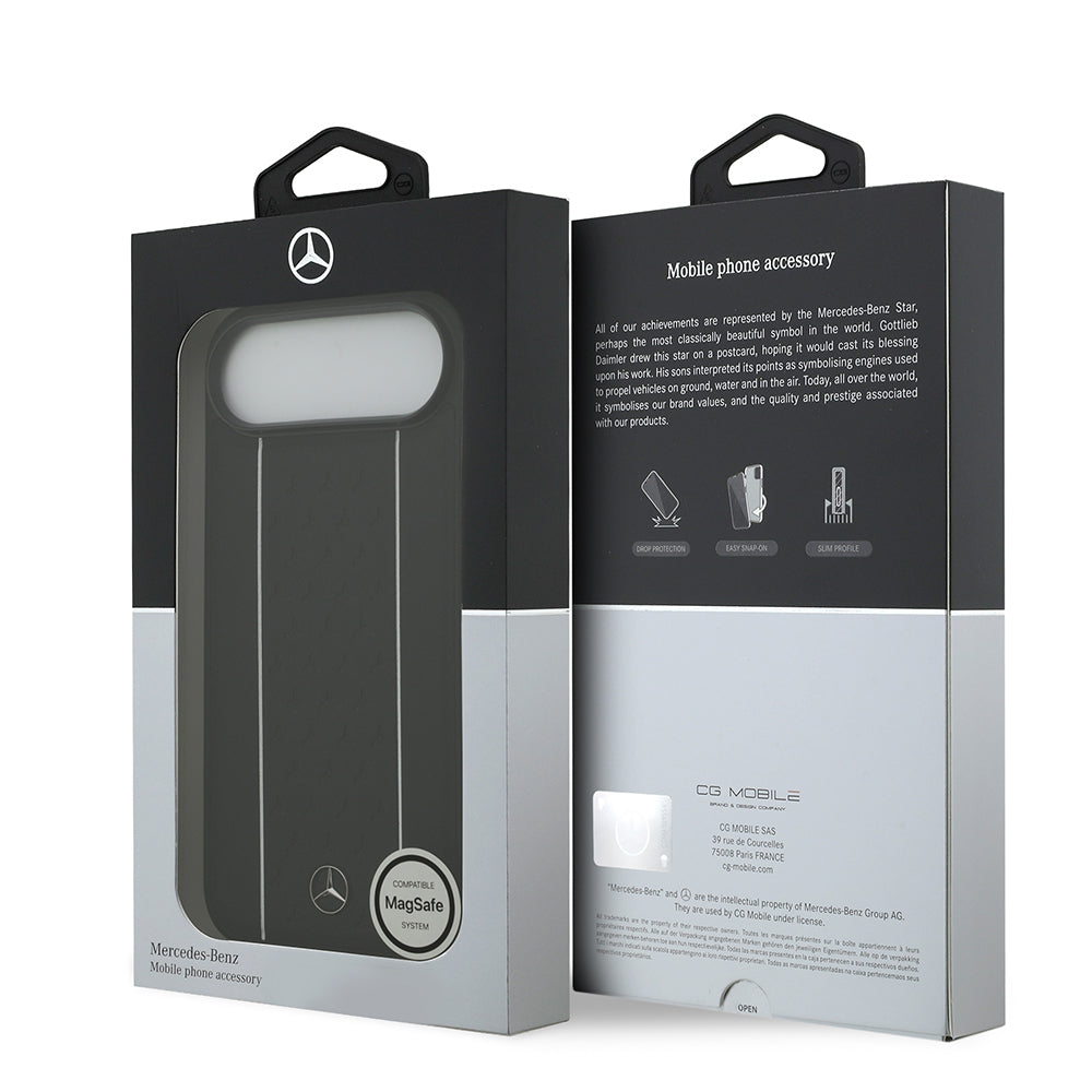 Apple iPhone 17 Air Kılıf Mercedes Benz Orjinal Lisanslı M-safe Şarj Özellikli Şeritli Yıldız Desenli Metal Logolu Deri Kapak Lacivert