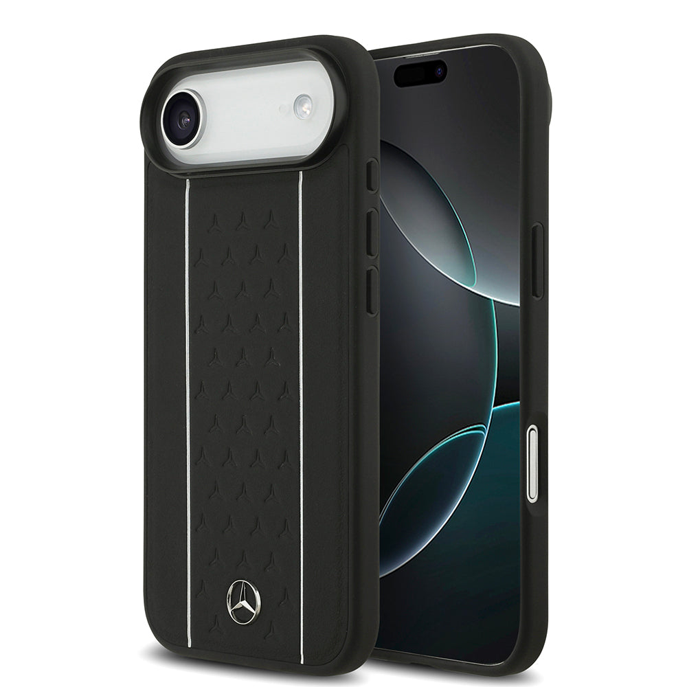Apple iPhone 17 Air Kılıf Mercedes Benz Orjinal Lisanslı M-safe Şarj Özellikli Şeritli Yıldız Desenli Metal Logolu Deri Kapak Siyah