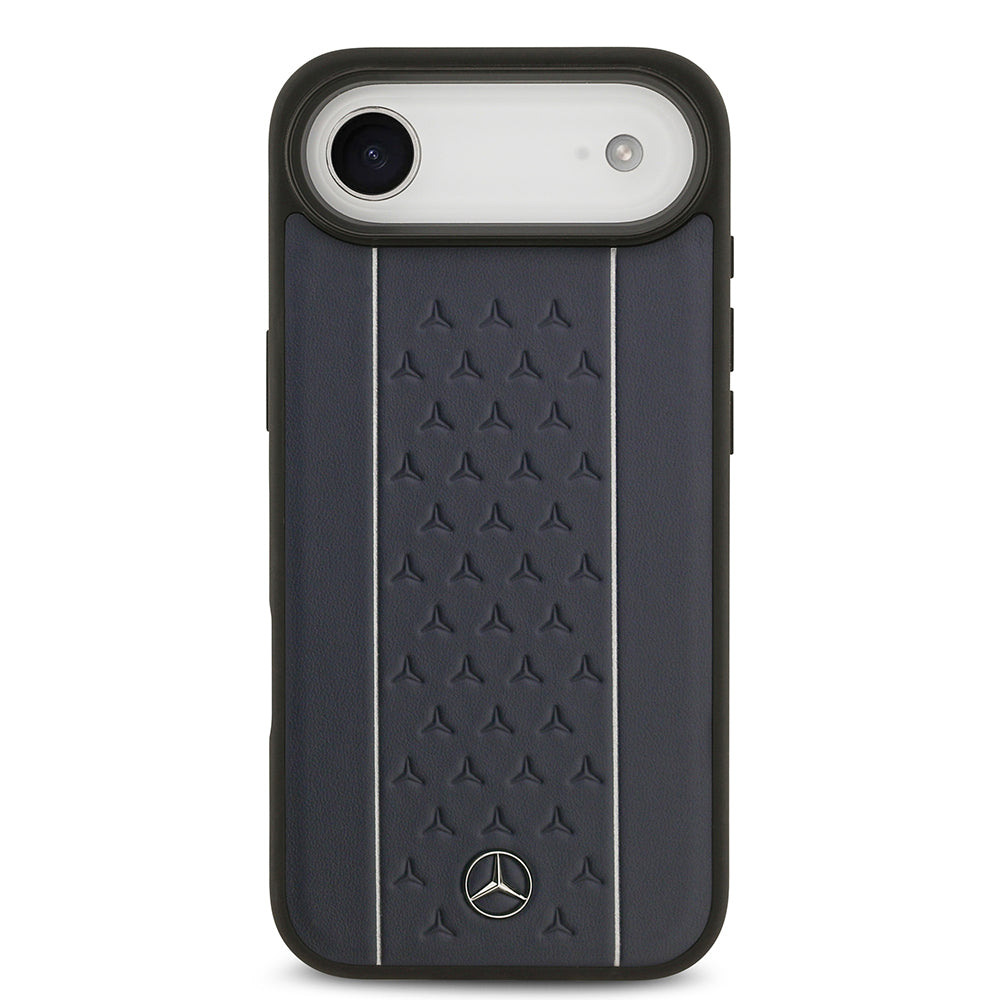 Apple iPhone 17 Air Kılıf Mercedes Benz Orjinal Lisanslı M-safe Şarj Özellikli Şeritli Yıldız Desenli Metal Logolu Deri Kapak Lacivert