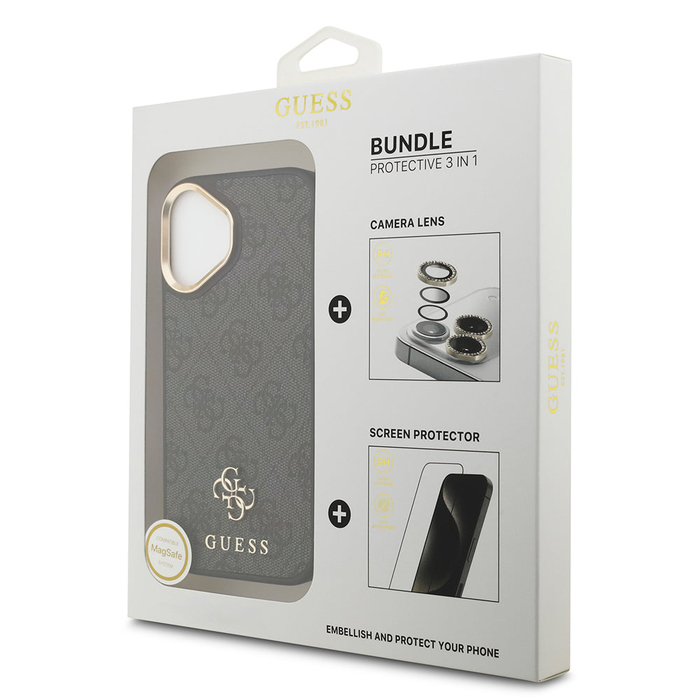 Apple iPhone 17 Guess Orjinal Lisanslı 4G ve Yazı Logolu Kılıf + Ekran Koruyucu + Lens Koruyucu 3in1 Aksesuar Seti Kahverengi