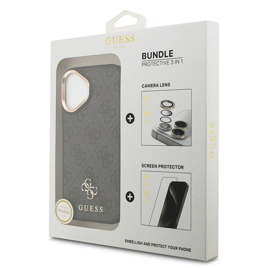Apple iPhone 17 Guess Orjinal Lisanslı 4G ve Yazı Logolu Kılıf + Ekran Koruyucu + Lens Koruyucu 3in1 Aksesuar Seti Siyah