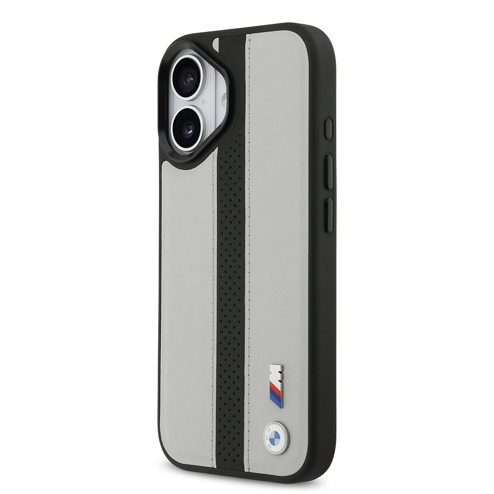 Apple iPhone 17 Kılıf BMW Orjinal Lisanslı M-safe Şarj Özellikli Deri Arka Yüzey Metal Logolu Delikli Şerit Tasarımlı Kapak Mavi