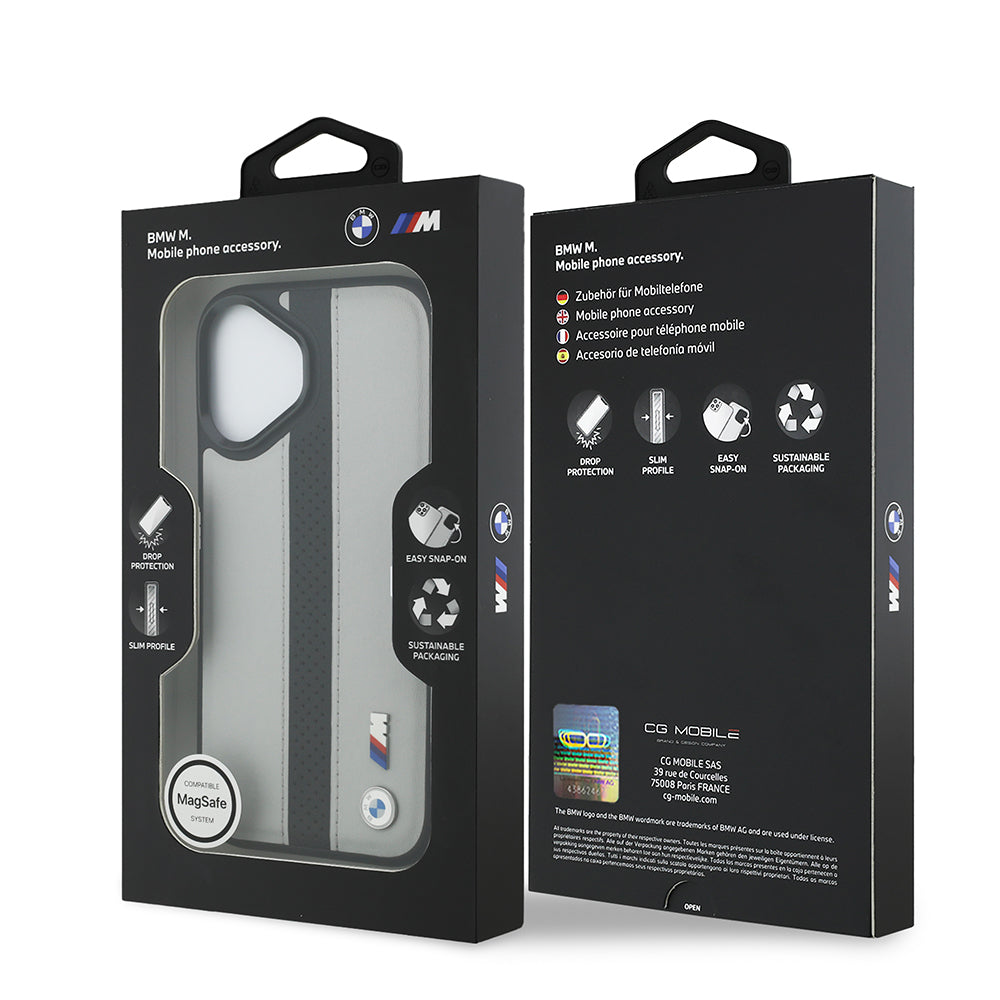 Apple iPhone 17 Kılıf BMW Orjinal Lisanslı M-safe Şarj Özellikli Deri Arka Yüzey Metal Logolu Delikli Şerit Tasarımlı Kapak Mavi