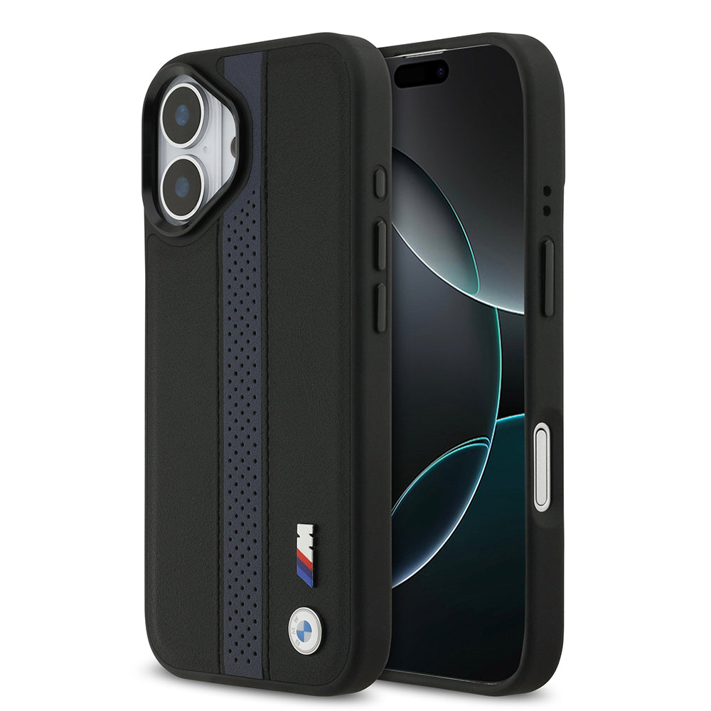 Apple iPhone 17 Kılıf BMW Orjinal Lisanslı M-safe Şarj Özellikli Deri Arka Yüzey Metal Logolu Delikli Şerit Tasarımlı Kapak Mavi