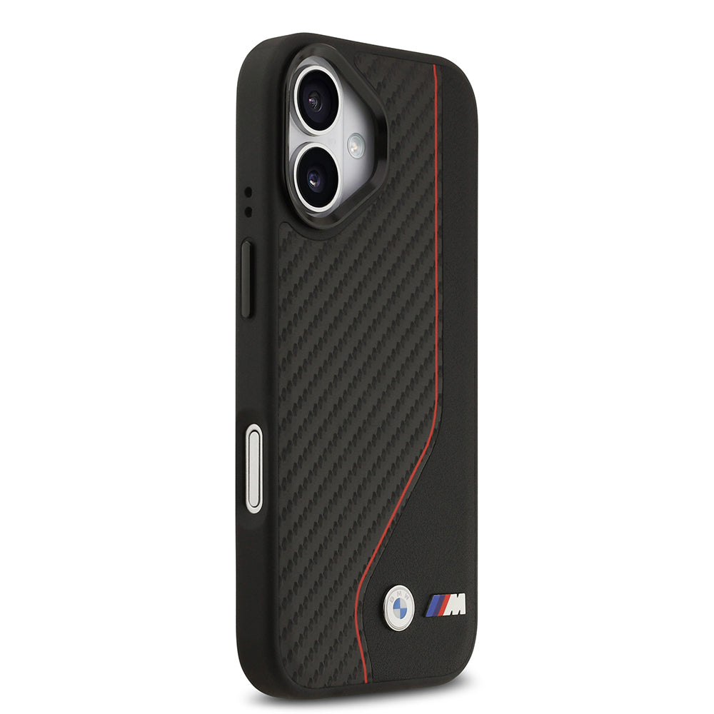 Apple iPhone 17 Kılıf BMW Orjinal Lisanslı M-safe Şarj Özellikli Metal BMW ve M Logolu PU Karbon Tasarımlı Kapak Siyah