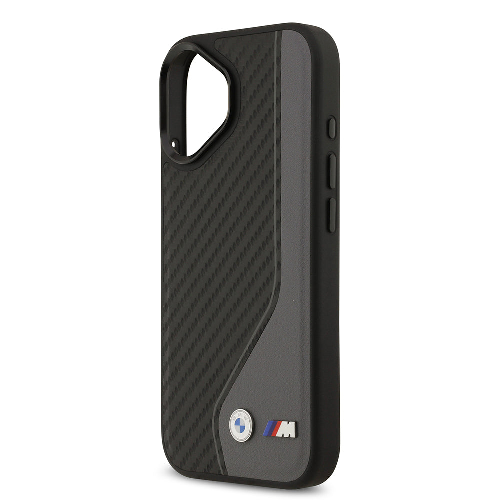 Apple iPhone 17 Kılıf BMW Orjinal Lisanslı M-safe Şarj Özellikli Metal BMW ve M Logolu PU Karbon Tasarımlı Kapak Siyah