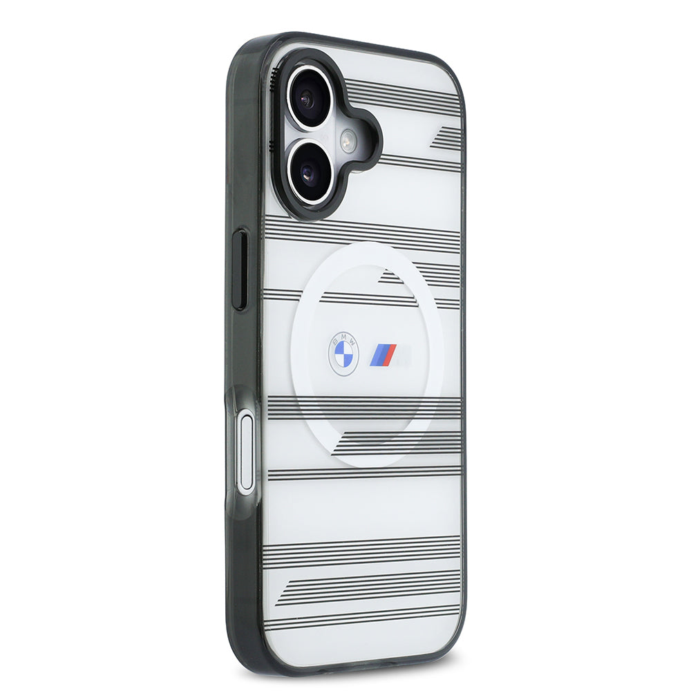 Apple iPhone 17 Kılıf BMW Orjinal Lisanslı M-safe Şarj Özellikli Metal Kamera Butonlu Yatay Şeritli M Dizayn Kapak Siyah