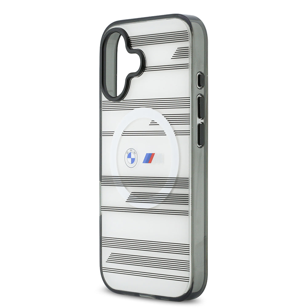 Apple iPhone 17 Kılıf BMW Orjinal Lisanslı M-safe Şarj Özellikli Metal Kamera Butonlu Yatay Şeritli M Dizayn Kapak Gümüş