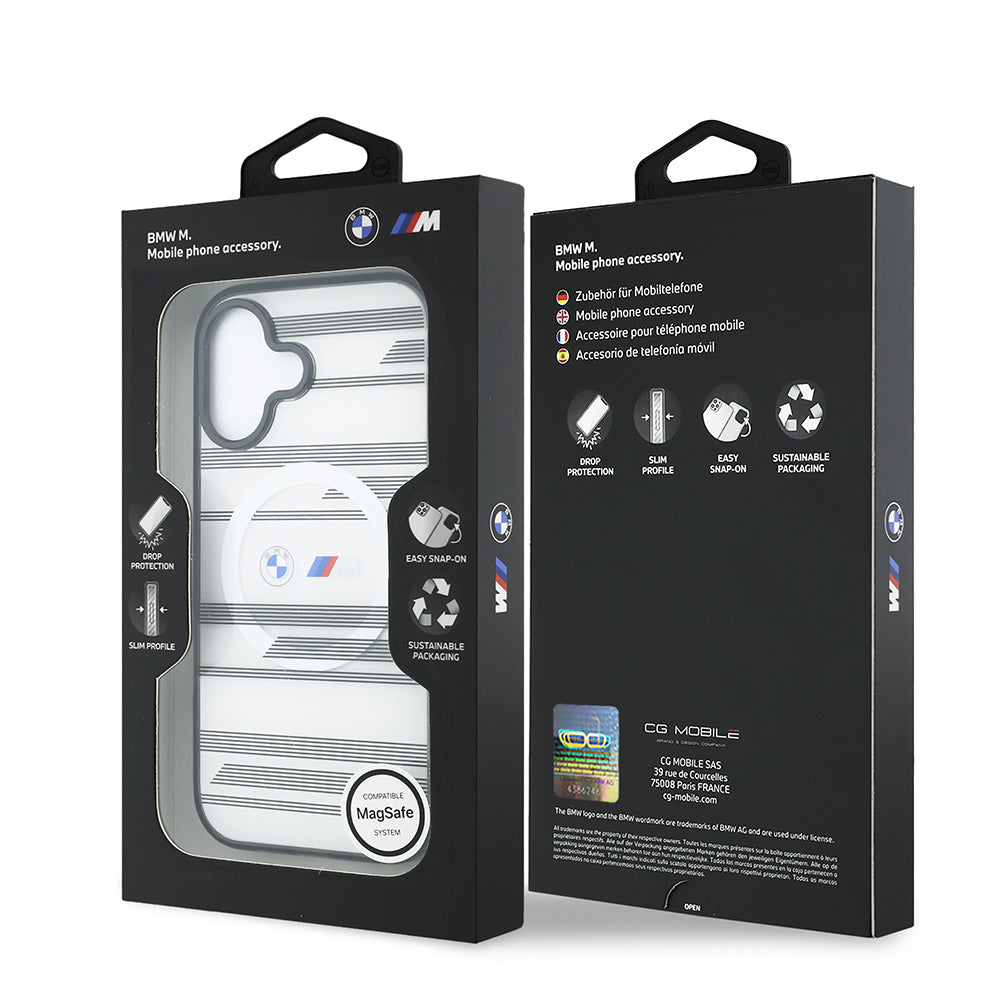 Apple iPhone 17 Kılıf BMW Orjinal Lisanslı M-safe Şarj Özellikli Metal Kamera Butonlu Yatay Şeritli M Dizayn Kapak Gümüş