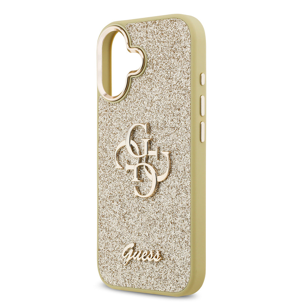 Apple iPhone 17 Kılıf Guess Orjinal Lisanslı 4G Büyük Metal Kamera Çerçeveli ve Logolu Glitter Kapak Gold