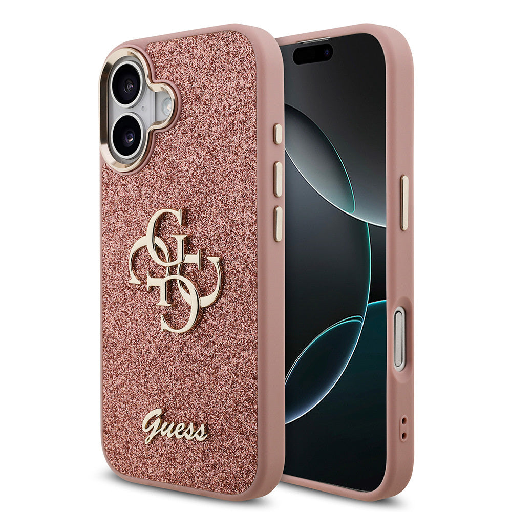 Apple iPhone 17 Kılıf Guess Orjinal Lisanslı 4G Büyük Metal Kamera Çerçeveli ve Logolu Glitter Kapak Pembe