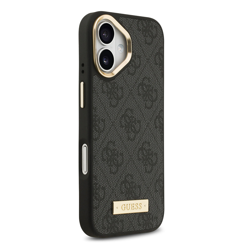 Apple iPhone 17 Kılıf Guess Orjinal Lisanslı M-safe Şarj Özellikli 4G Desenli PU Metal Plaka Klasik Logolu Kapak Siyah
