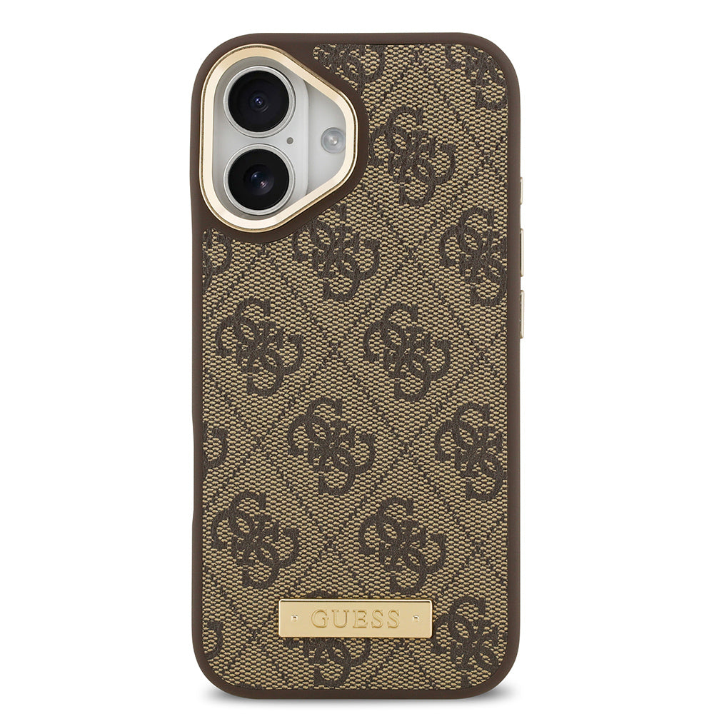 Apple iPhone 17 Kılıf Guess Orjinal Lisanslı M-safe Şarj Özellikli 4G Desenli PU Metal Plaka Klasik Logolu Kapak Pembe