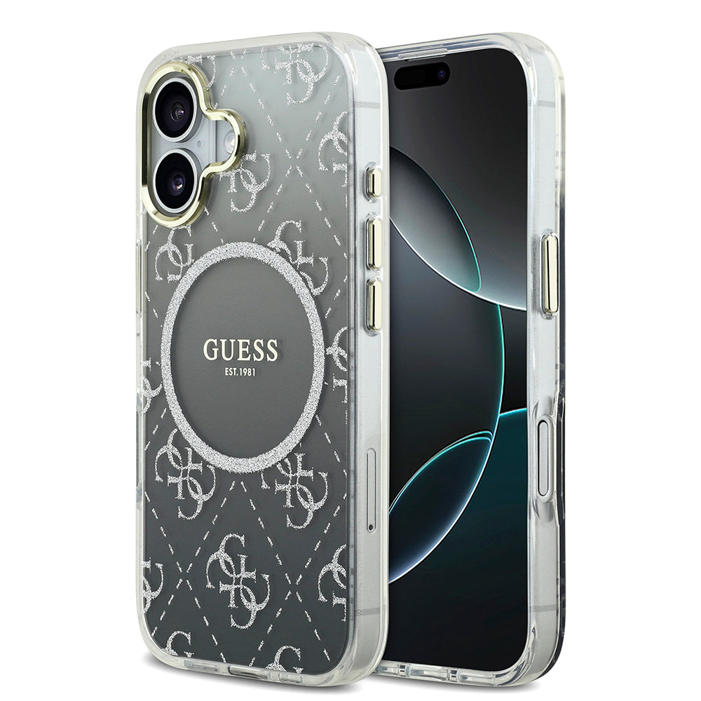 Apple iPhone 17 Kılıf Guess Orjinal Lisanslı M-safe Şarj Özellikli 4G Desenli Simli Silikon Kapak Mor