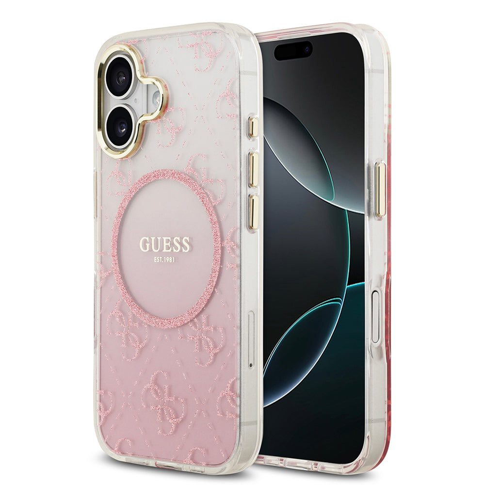 Apple iPhone 17 Kılıf Guess Orjinal Lisanslı M-safe Şarj Özellikli 4G Desenli Simli Silikon Kapak Pembe