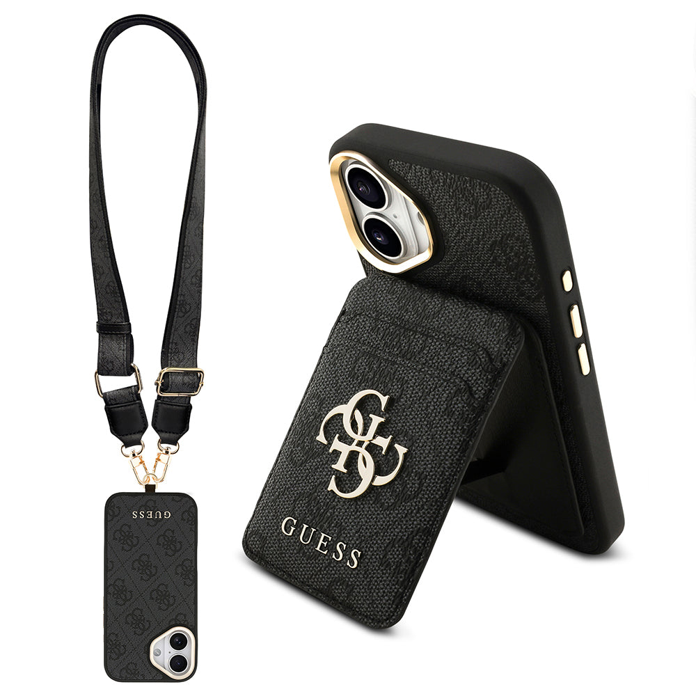 Apple iPhone 17 Kılıf Guess Orjinal Lisanslı M-safe Şarj Özellikli Askılı ve 4G Logo Kartlıklı Kapak Kahverengi
