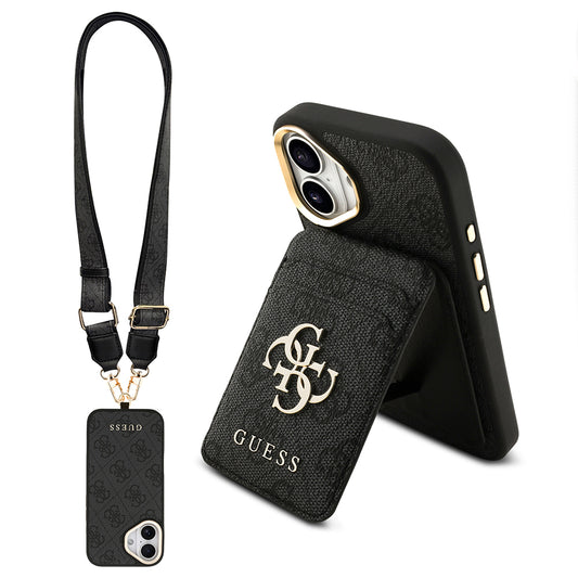 Apple iPhone 17 Kılıf Guess Orjinal Lisanslı M-safe Şarj Özellikli Askılı ve 4G Logo Kartlıklı Kapak Kahverengi