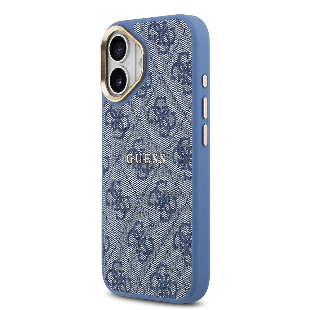 Apple iPhone 17 Kılıf Guess Orjinal Lisanslı M-safe Şarj Özellikli Gold Metal Kamera Çerçeveli PU Deri 4G Desenli Yazı Logolu Kapak Pembe