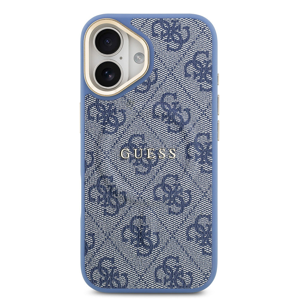 Apple iPhone 17 Kılıf Guess Orjinal Lisanslı M-safe Şarj Özellikli Gold Metal Kamera Çerçeveli PU Deri 4G Desenli Yazı Logolu Kapak Pembe