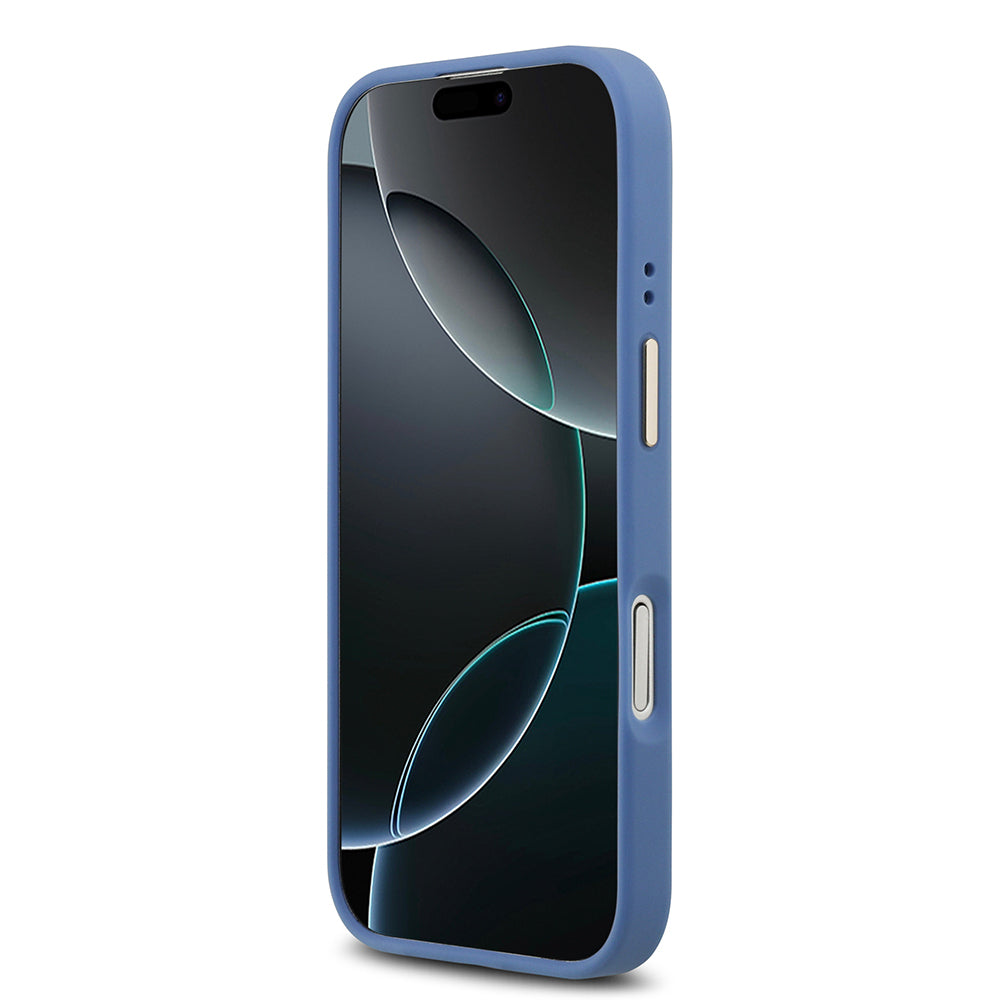 Apple iPhone 17 Kılıf Guess Orjinal Lisanslı M-safe Şarj Özellikli Gold Metal Kamera Çerçeveli PU Deri 4G Desenli Yazı Logolu Kapak Mavi