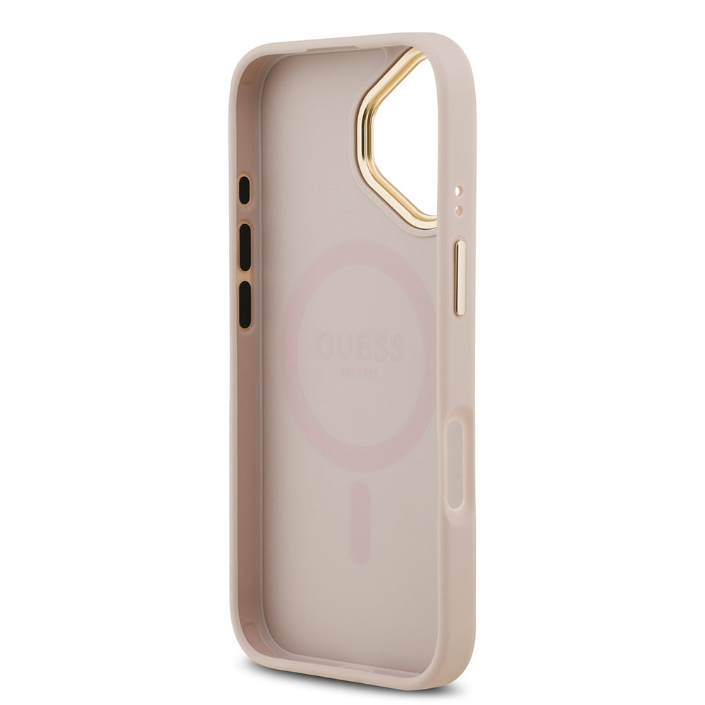 Apple iPhone 17 Kılıf Guess Orjinal Lisanslı M-safe Şarj Özellikli Gold Metal Kamera Çerçeveli PU Deri 4G Desenli Yazı Logolu Kapak Pembe