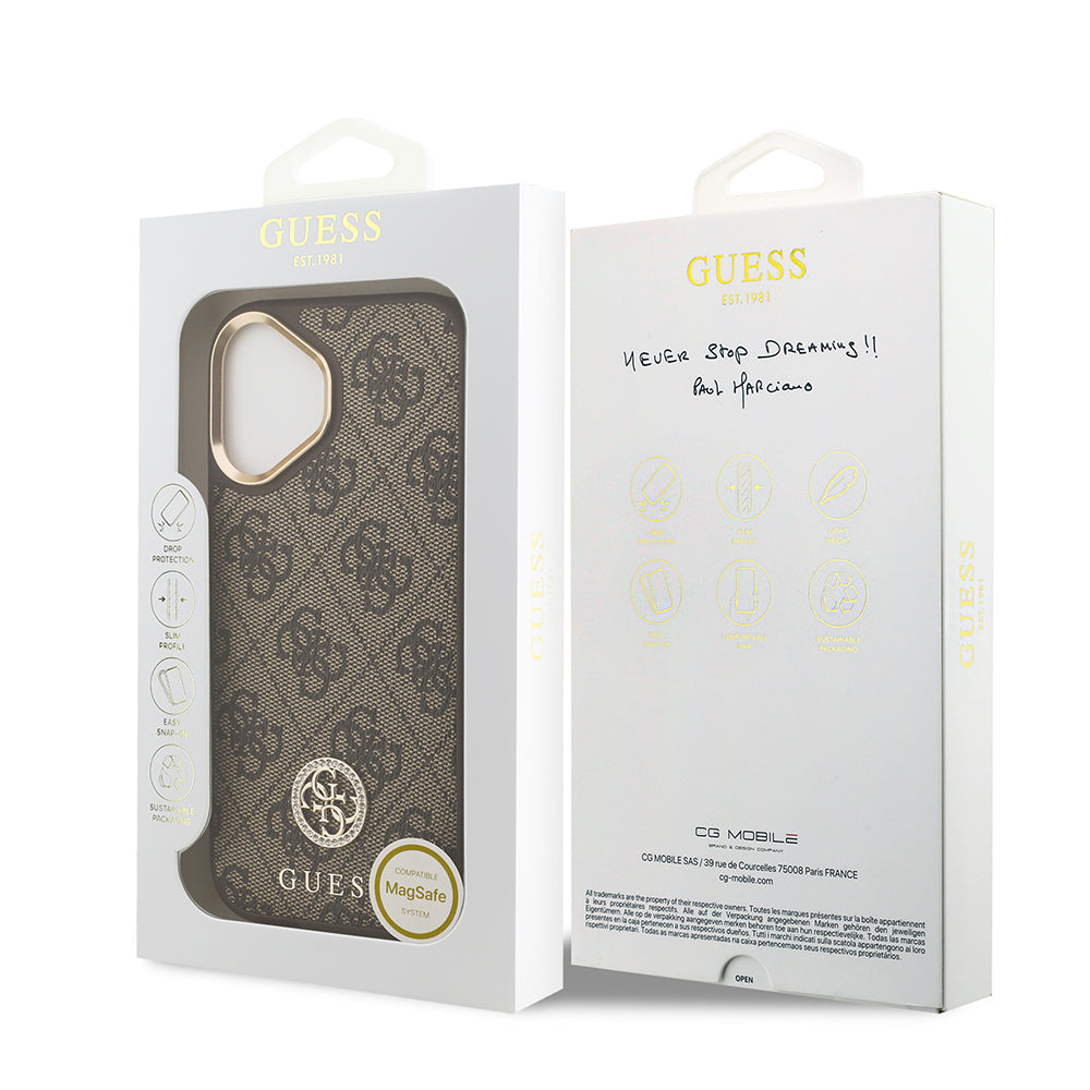 Apple iPhone 17 Kılıf Guess Orjinal Lisanslı M-safe Şarj Özellikli Gold Metal Kamera Çerçeveli Taşlı 4G Logolu Kapak  Kahverengi