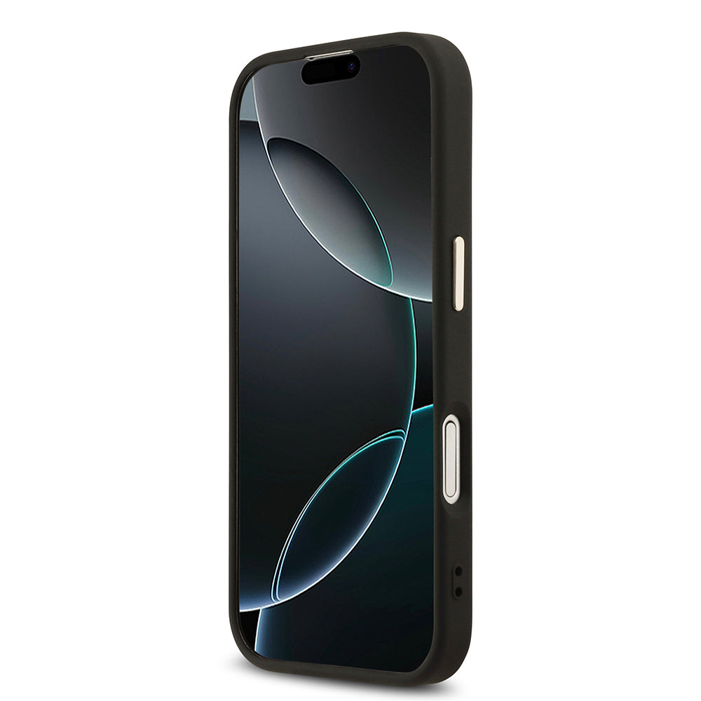 Apple iPhone 17 Kılıf Guess Orjinal Lisanslı M-safe Şarj Özellikli Gold Metal Kamera Çerçeveli Taşlı Üçgen Logo 4G Desenli Kapak Kahverengi