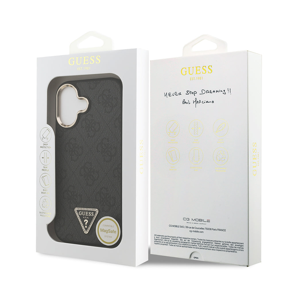 Apple iPhone 17 Kılıf Guess Orjinal Lisanslı M-safe Şarj Özellikli Gold Metal Kamera Çerçeveli Taşlı Üçgen Logo 4G Desenli Kapak Pembe