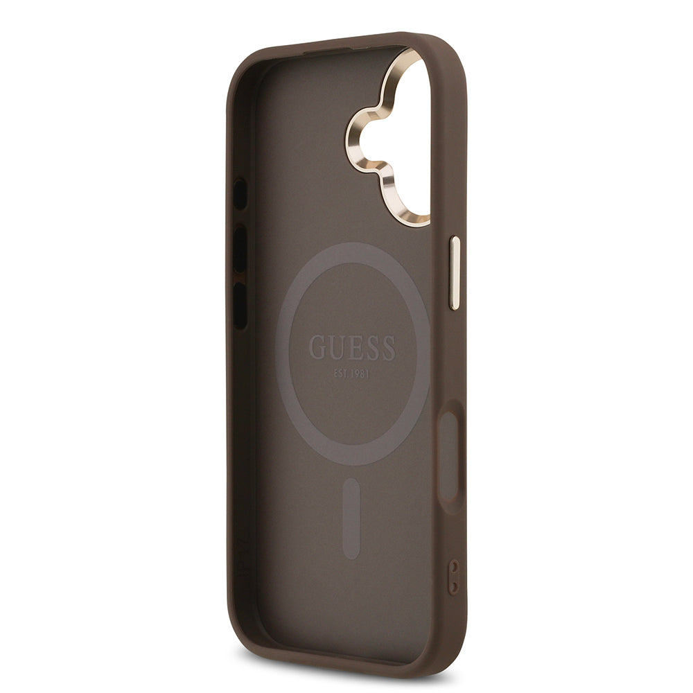 Apple iPhone 17 Kılıf Guess Orjinal Lisanslı M-safe Şarj Özellikli Gold Metal Kamera Çerçeveli Taşlı Üçgen Logo 4G Desenli Kapak Kahverengi