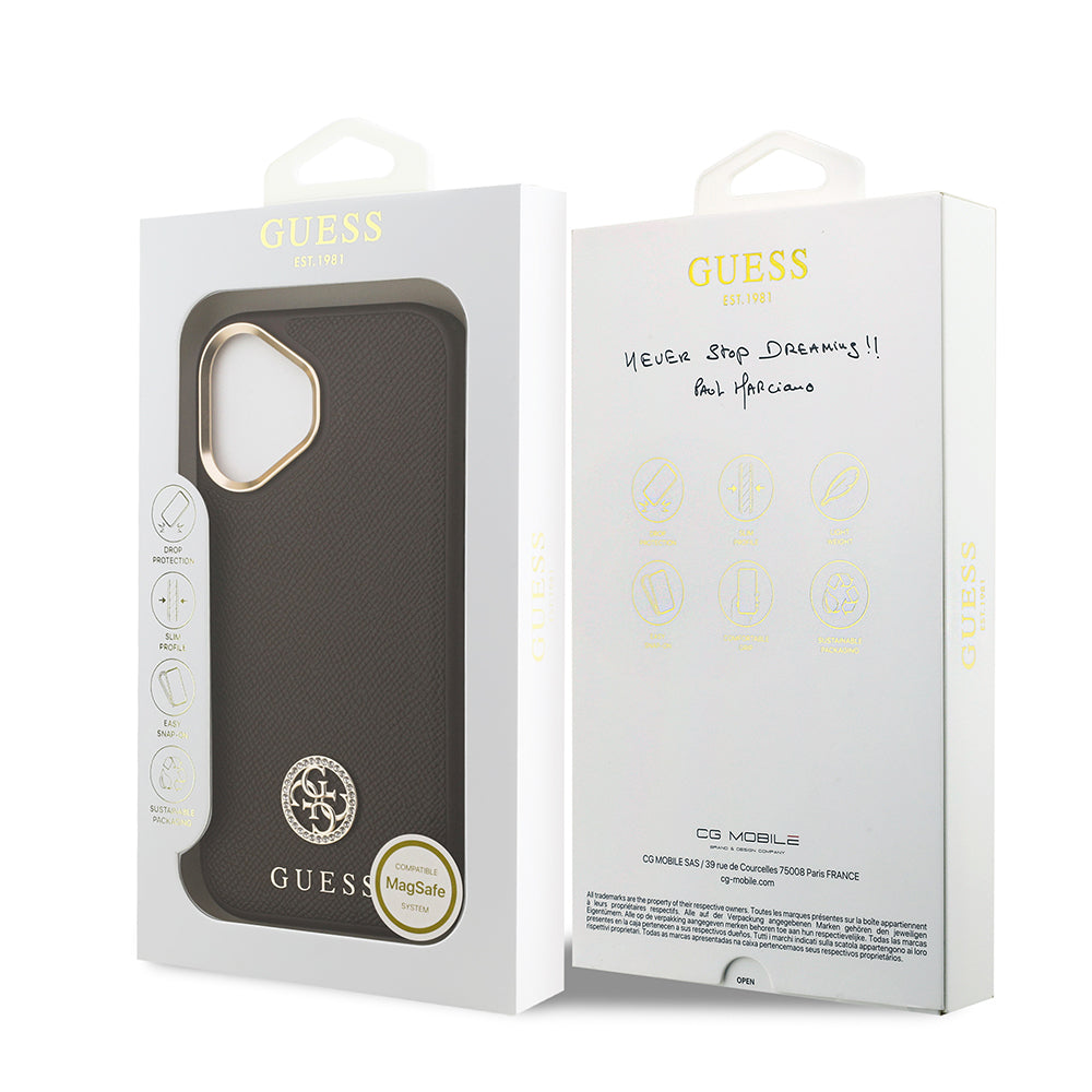 Apple iPhone 17 Kılıf Guess Orjinal Lisanslı M-safe Şarj Özellikli Grained Yazı ve Taşlı 4G Logolu Kapak Bej