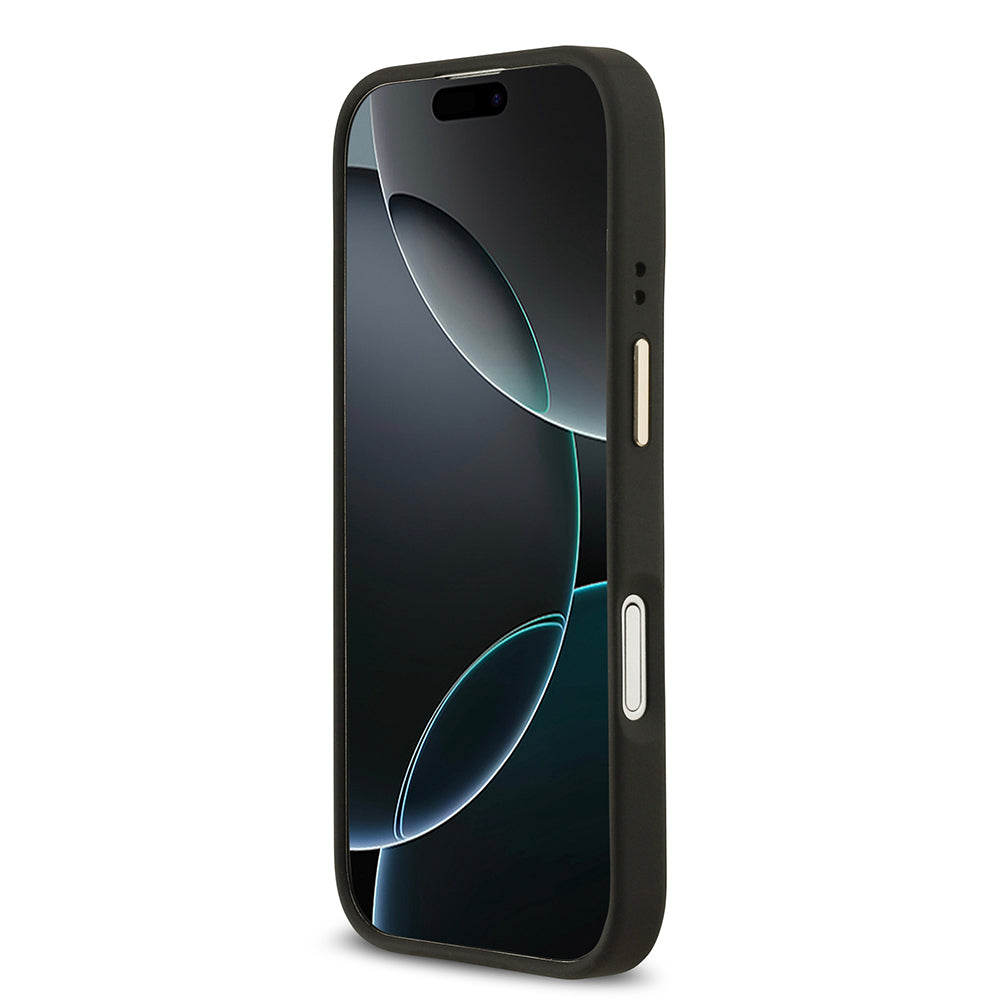 Apple iPhone 17 Kılıf Guess Orjinal Lisanslı M-safe Şarj Özellikli Grained Yazı ve Taşlı 4G Logolu Kapak Kahverengi