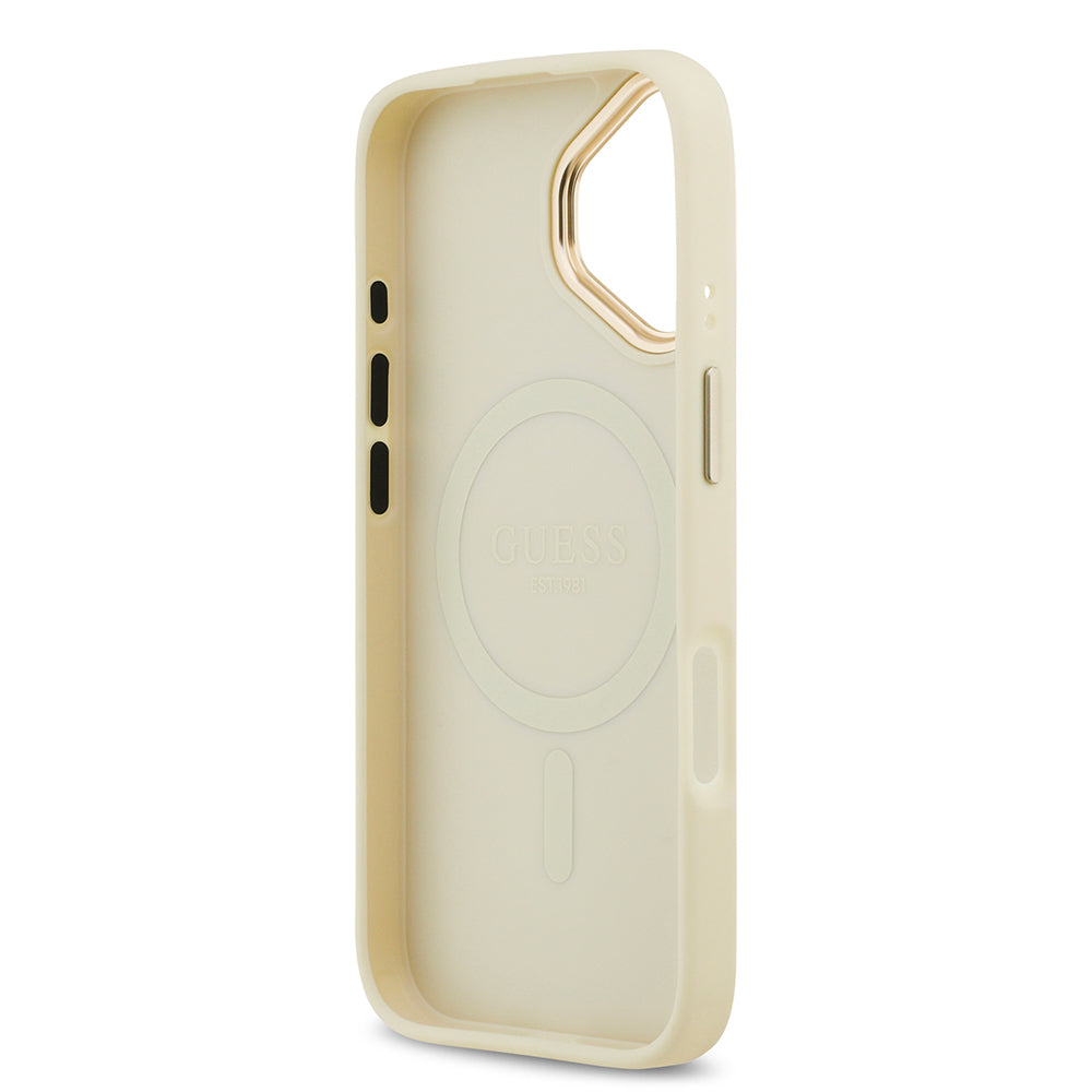 Apple iPhone 17 Kılıf Guess Orjinal Lisanslı M-safe Şarj Özellikli Grained Yazı ve Taşlı 4G Logolu Kapak Siyah