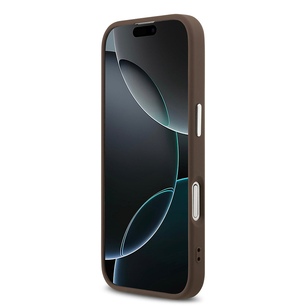 Apple iPhone 17 Kılıf Guess Orjinal Lisanslı M-safe Şarj Özellikli Gümüş Metal Kamera Çerçeveli Üçgen Logo 4G Desenli Kapak Siyah