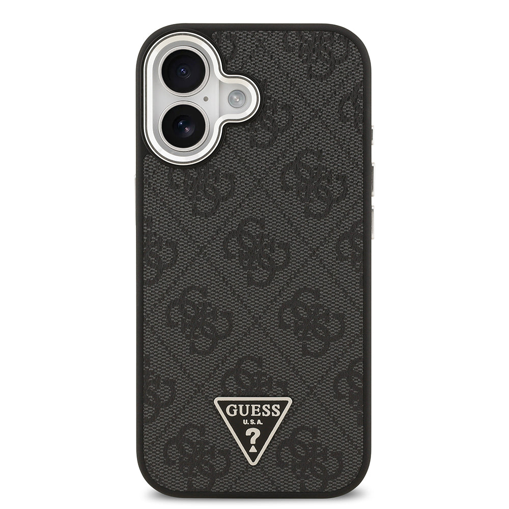 Apple iPhone 17 Kılıf Guess Orjinal Lisanslı M-safe Şarj Özellikli Gümüş Metal Kamera Çerçeveli Üçgen Logo 4G Desenli Kapak Siyah