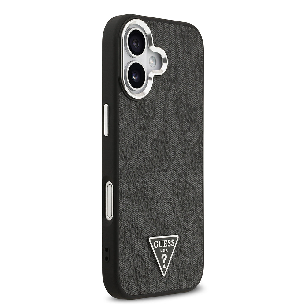 Apple iPhone 17 Kılıf Guess Orjinal Lisanslı M-safe Şarj Özellikli Gümüş Metal Kamera Çerçeveli Üçgen Logo 4G Desenli Kapak Siyah