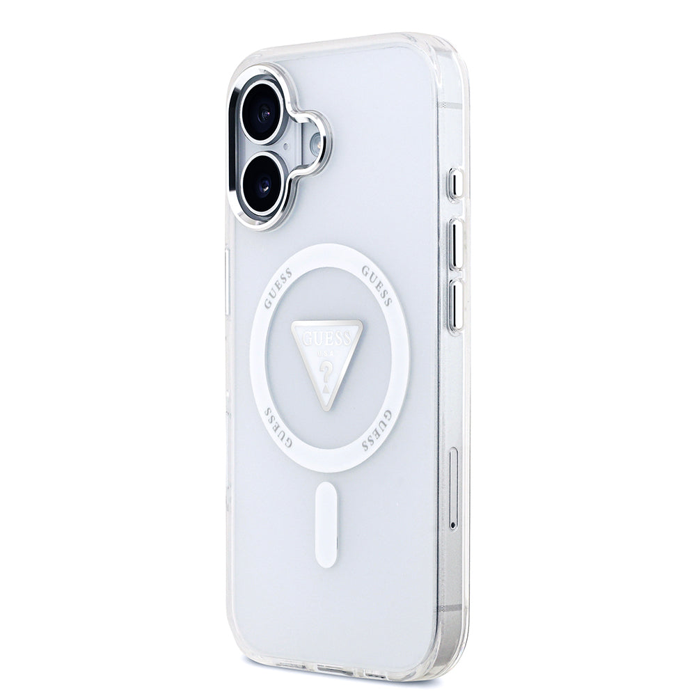 Apple iPhone 17 Kılıf Guess Orjinal Lisanslı M-safe Şarj Özellikli IML Baskılı Üçgen Logolu Metal Kamera Çerçeveli Kapak Şeffaf